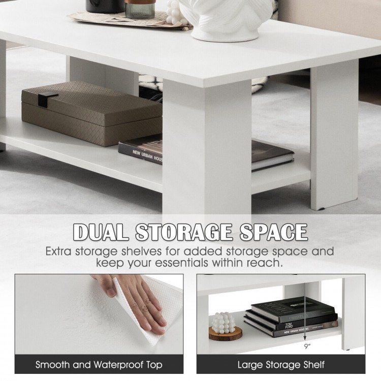 Large 36-inch modern coffee table with a smooth, water-resistant top and dual storage shelves for versatile use.
